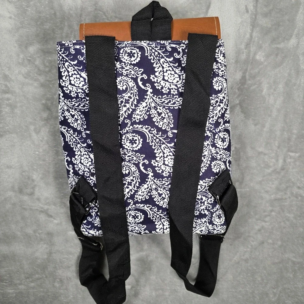 Unbranded Mini Backpack Women Small Navy White Paisley Fair Faux‎ Leather Trim